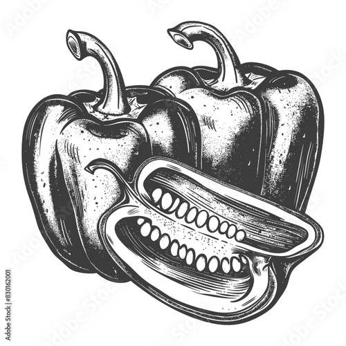 Bell Pepper or Paprika sliced full with old engraving sketch style