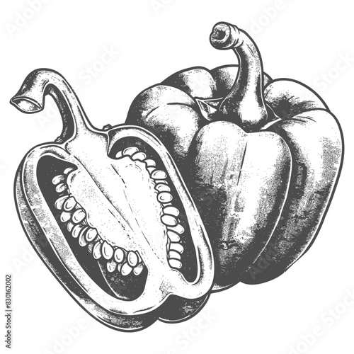 Bell Pepper or Paprika sliced full with old engraving sketch style