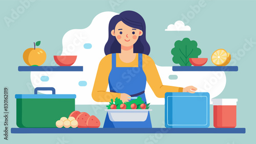 A woman meal preps for the week organizing containers of roasted vegetables grilled chicken and quinoa for easy and nutritious lunches.. Vector illustration