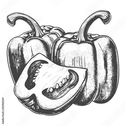 Bell Pepper or Paprika sliced full with old engraving sketch style