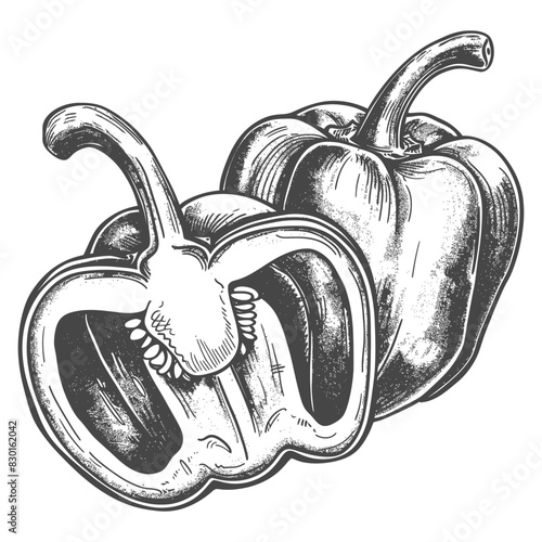 Bell Pepper or Paprika sliced full with old engraving sketch style