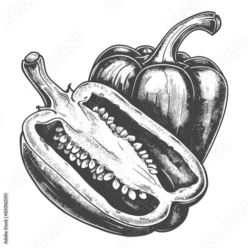 Bell Pepper or Paprika sliced full with old engraving sketch style