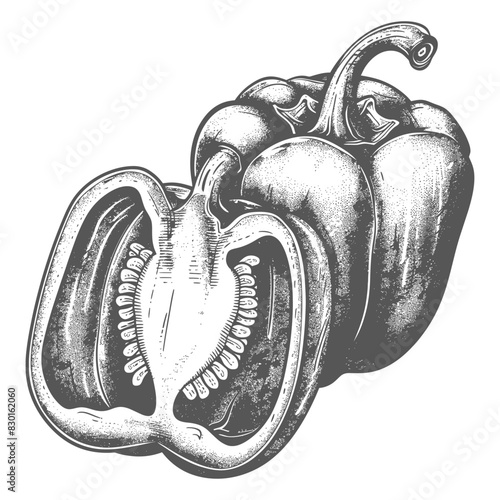 Bell Pepper or Paprika sliced full with old engraving sketch style