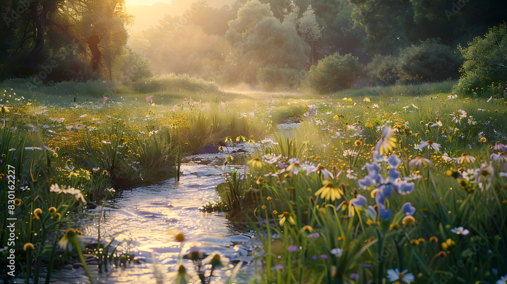 Naklejka premium A river runs through a field of flowers