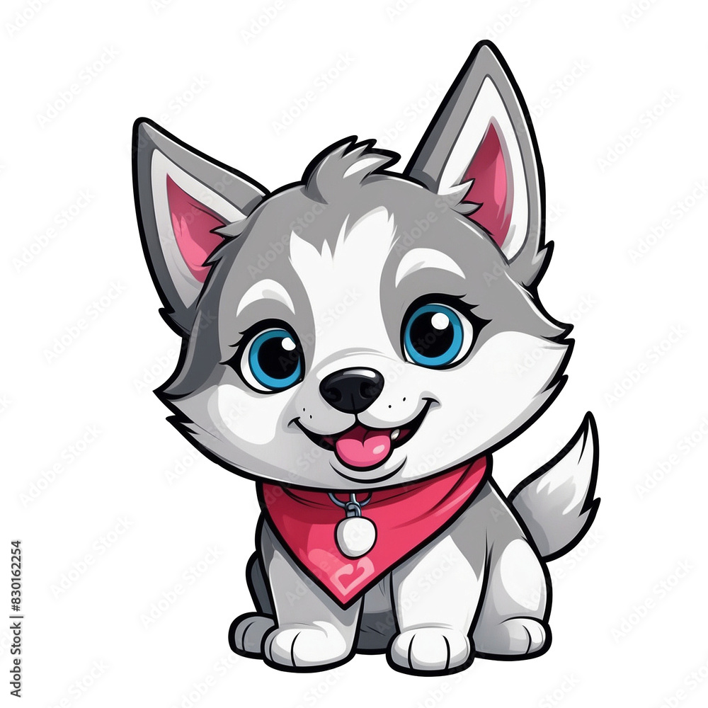Cute Childish Kawaii Husky Dog Character Sticker with Bright Eyes, Fluffy Ears, and Mask-Like Markings, Sitting Playfully with Tongue Out, Thick Black Outline, Generative AI. Cute Childish Kawaii Husky Dog Character Sticker with Bright Eyes, Fluffy Ears, and Mask-Like Markings, Sitting Playfully with Tongue Out, Thick Black Outline, Generative AI.
