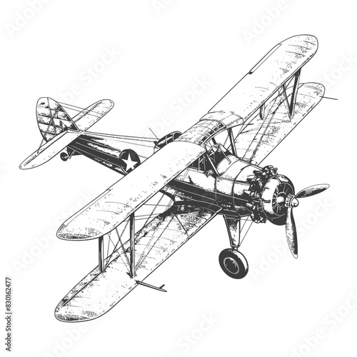 Biplane Aircraft full with engraving sketch style