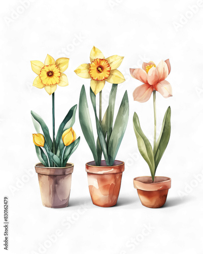 Wallpaper Mural Watercolor Potted Flowers Illustration with Daffodils and Tulip, Isolated on Transparent Background, PNG. Torontodigital.ca