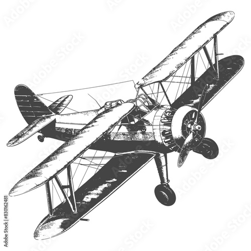 Biplane Aircraft full with engraving sketch style