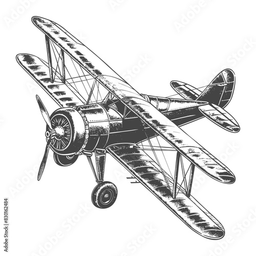 Biplane Aircraft full with engraving sketch style