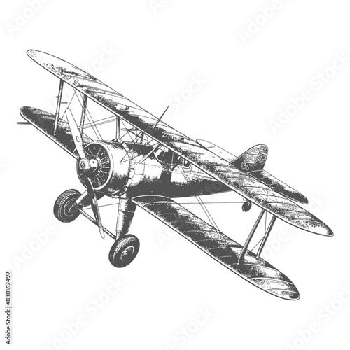 Biplane Aircraft full with old engraving sketch style