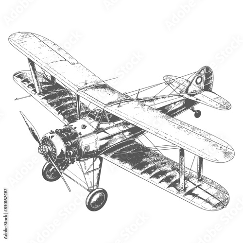 Biplane Aircraft full with old engraving sketch style