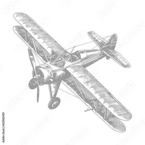 Biplane Aircraft full with old engraving sketch style