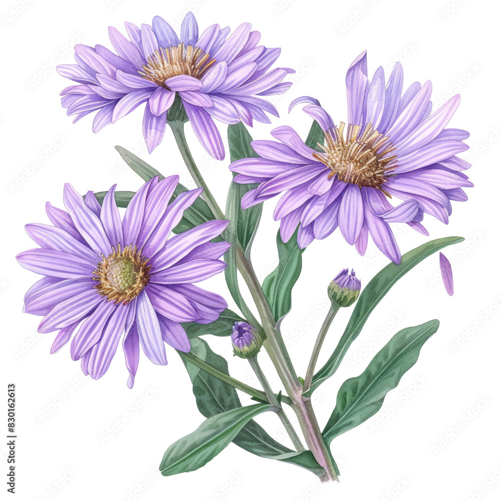 Obraz premium Bouquet of Purple Aster and Chrysanthemum Flowers on White Background
