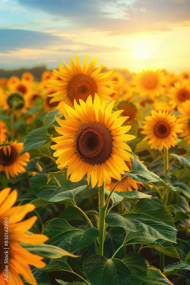 Obraz premium A large field of sunflowers under the sunset sky