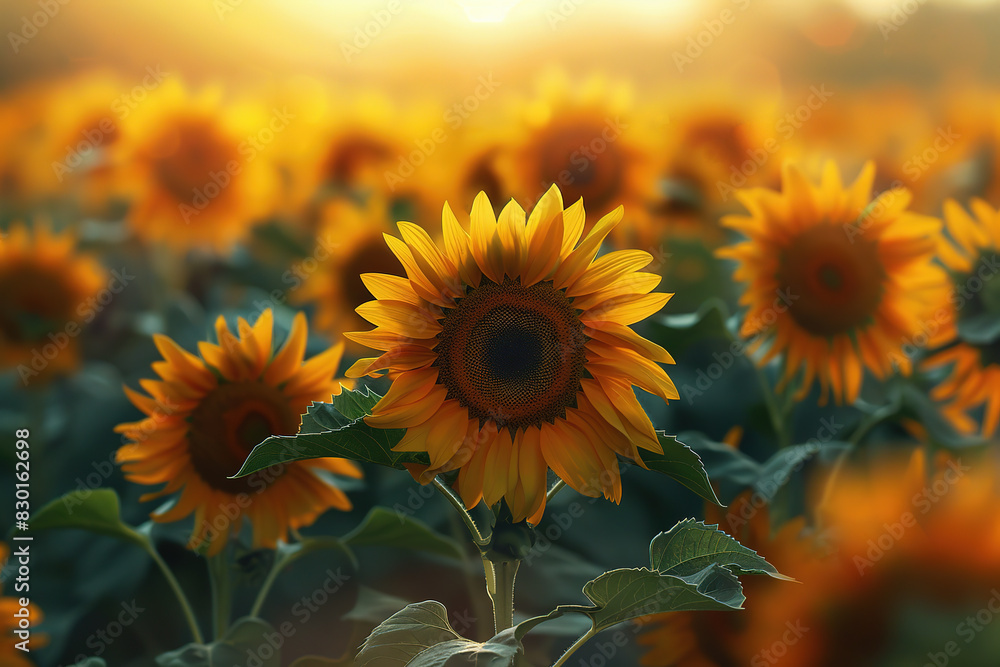 Fototapeta premium A large field of sunflowers under the sunset sky
