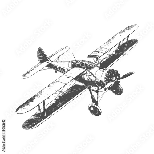 Biplane Aircraft full with old engraving sketch style