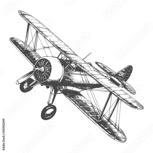 Biplane Aircraft full with old engraving sketch style