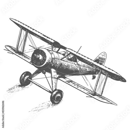 Biplane Aircraft full with old engraving sketch style