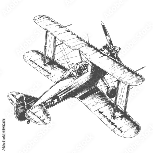 Biplane Aircraft full with old engraving sketch style