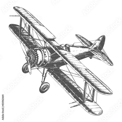 Biplane Aircraft full with old engraving sketch style