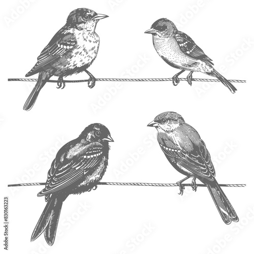 birds on wire full with engraving sketch style