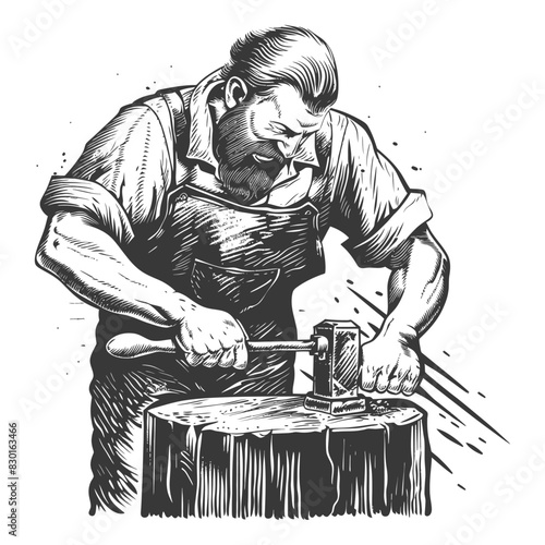 blacksmith in action full with engraving sketch style