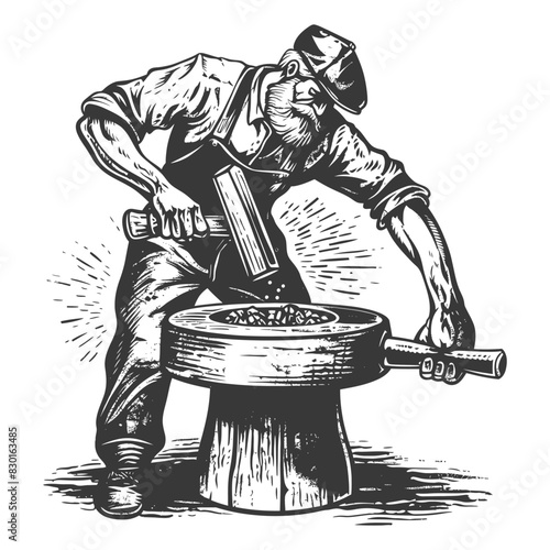 blacksmith in action full with engraving sketch style