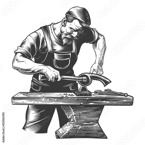 blacksmith in action full with engraving sketch style