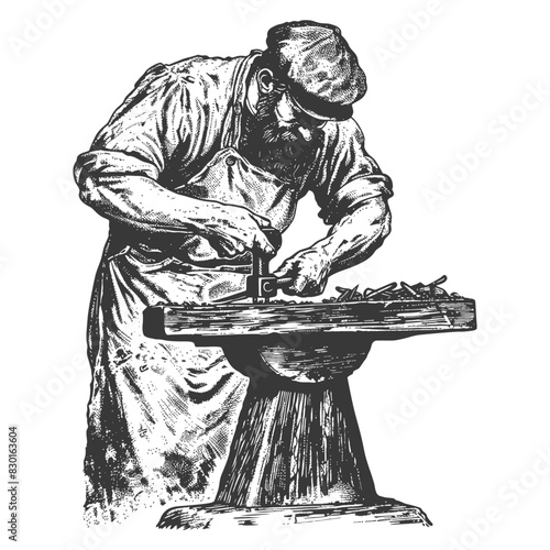 blacksmith in action full with old engraving sketch style