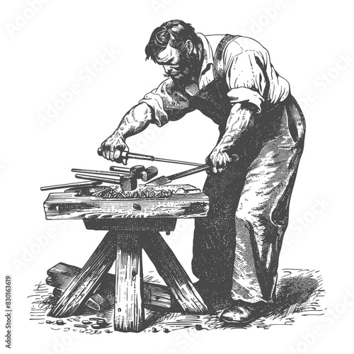 blacksmith in action full with old engraving sketch style