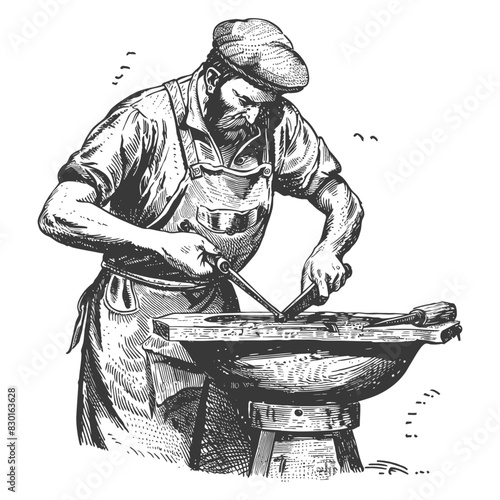 blacksmith in action full with old engraving sketch style