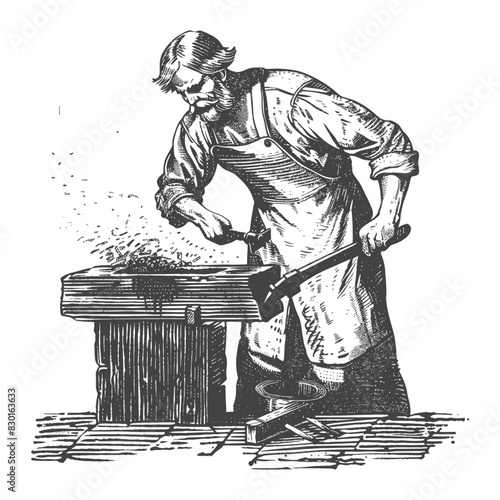 blacksmith in action full with old engraving sketch style