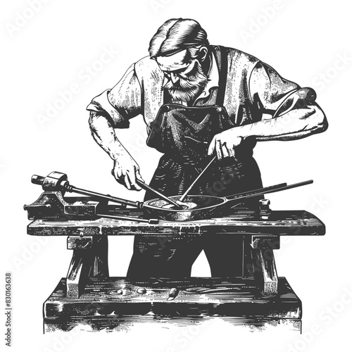 blacksmith in action full with old engraving sketch style