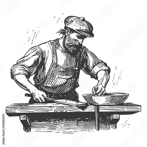 blacksmith in action full with old engraving sketch style