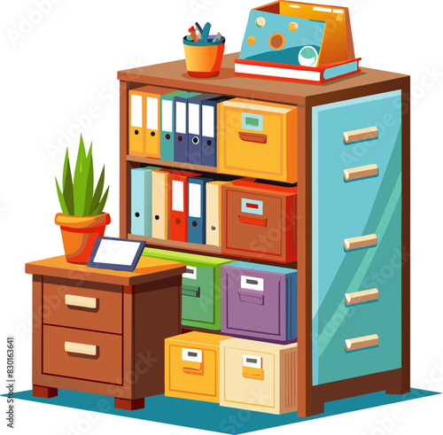 Organized filing cabinet with books and office supplies, isolated on transparent background.	