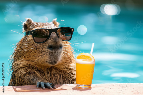 Realistic  funny photo of a capybara wearing sunglasses and drinking a cocktail in the swimming pool photo