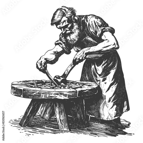 blacksmith in action full with old engraving sketch style