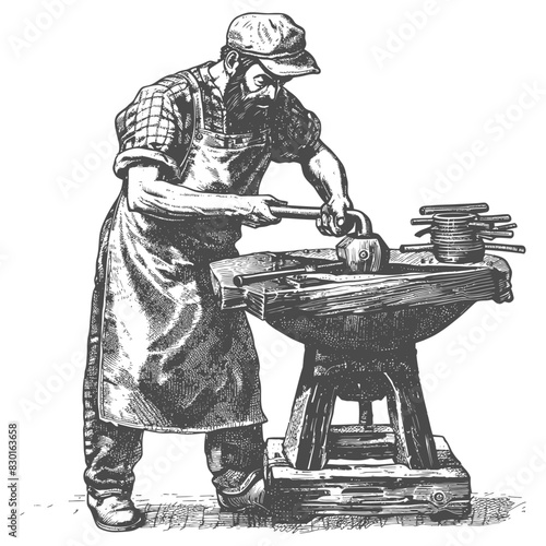 blacksmith in action full with old engraving sketch style