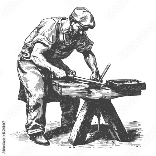 blacksmith in action full with old engraving sketch style