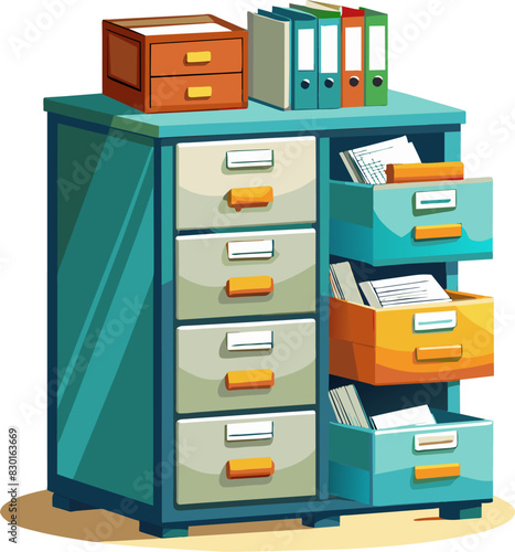 Organized filing cabinet with books and office supplies, isolated on transparent background.	