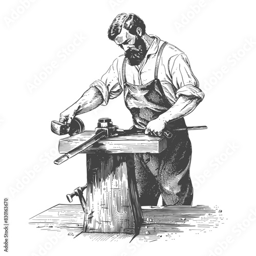 blacksmith in action full with old engraving sketch style