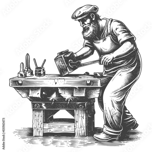 blacksmith in action full with old engraving sketch style