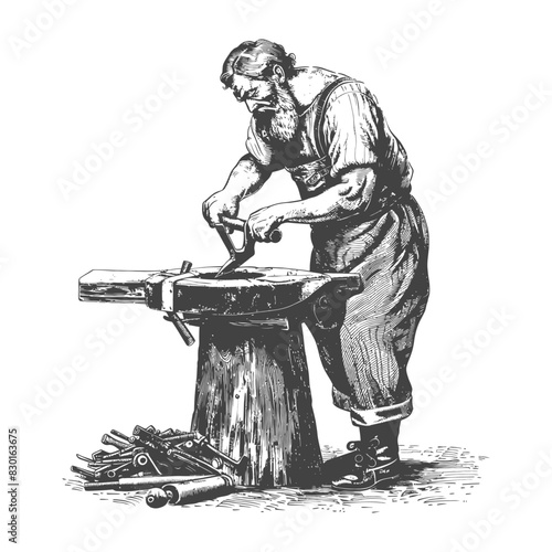 blacksmith in action full with old engraving sketch style