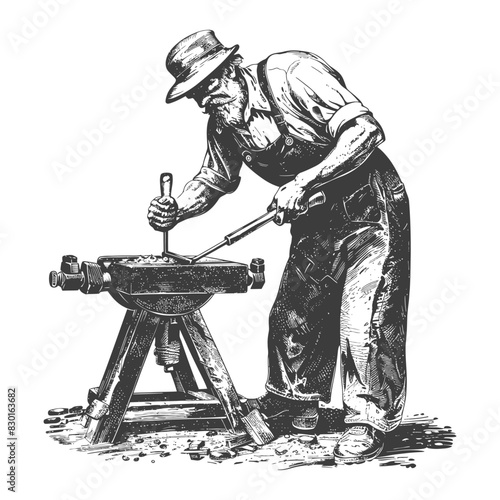 blacksmith in action full with old engraving sketch style