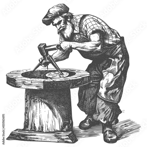 blacksmith in action full with old engraving sketch style