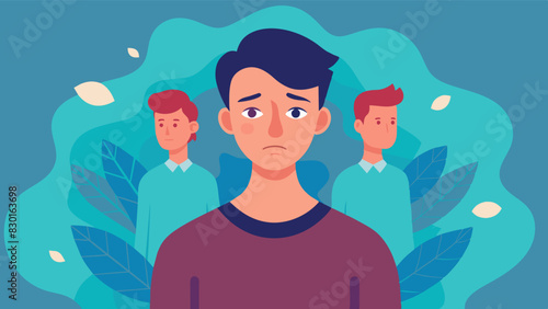 A young man struggles with body dysmorphia as he feels inadequate due to the constant pressure of societal standards regarding male appearance.. Vector illustration