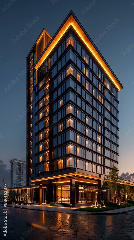Fototapeta premium A modern office building with a geometric facade