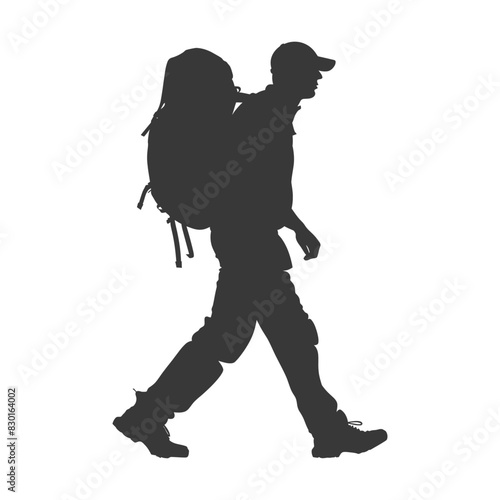 silhouette backpacker man in action full body black color only