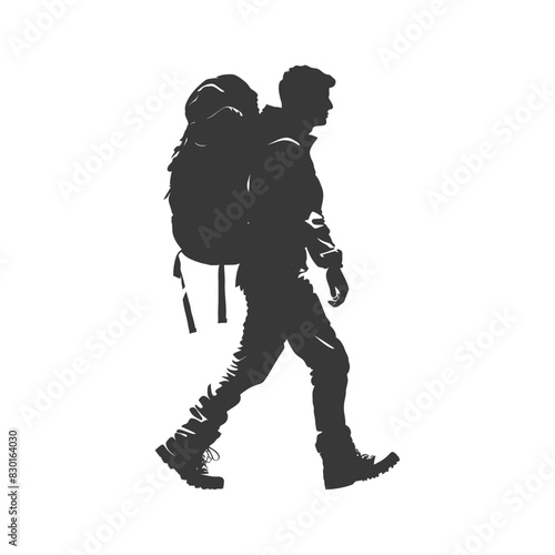 silhouette backpacker man in action full body black color only