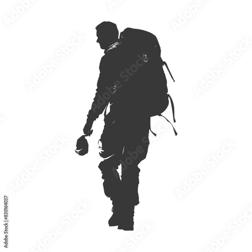 silhouette backpacker man in action full body black color only